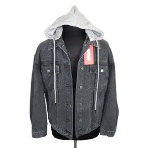 Men's Detachable Hood Layered Look Gray Denim Jean Jacket Size Medium